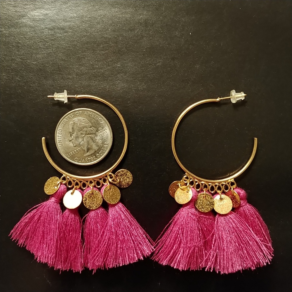 ❤🆕 Gold & Pink Coin Tassel Boho Hoop Earrings - Picture 2 of 5
